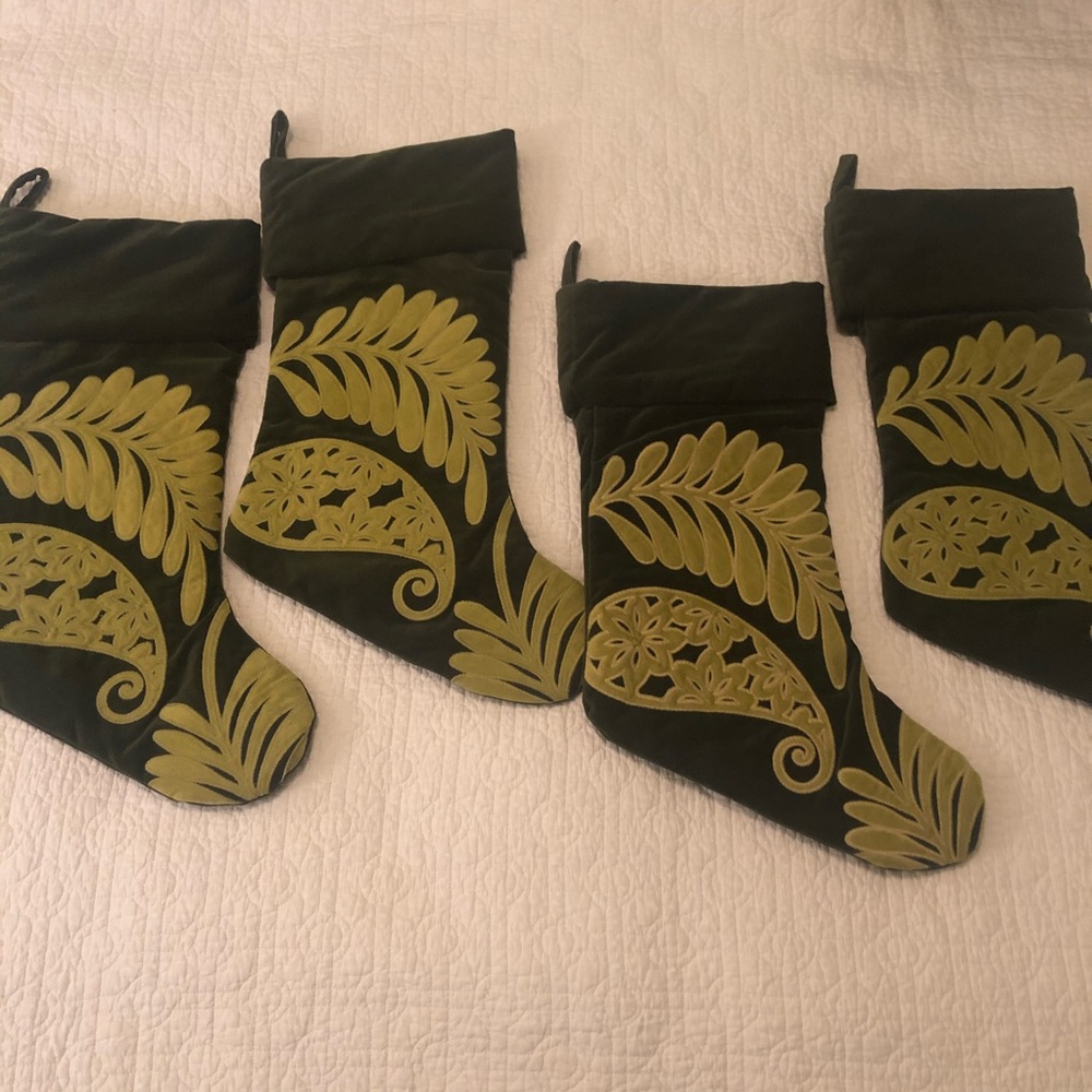 4 Pottery Barn Green Velvety Christmas Stockings